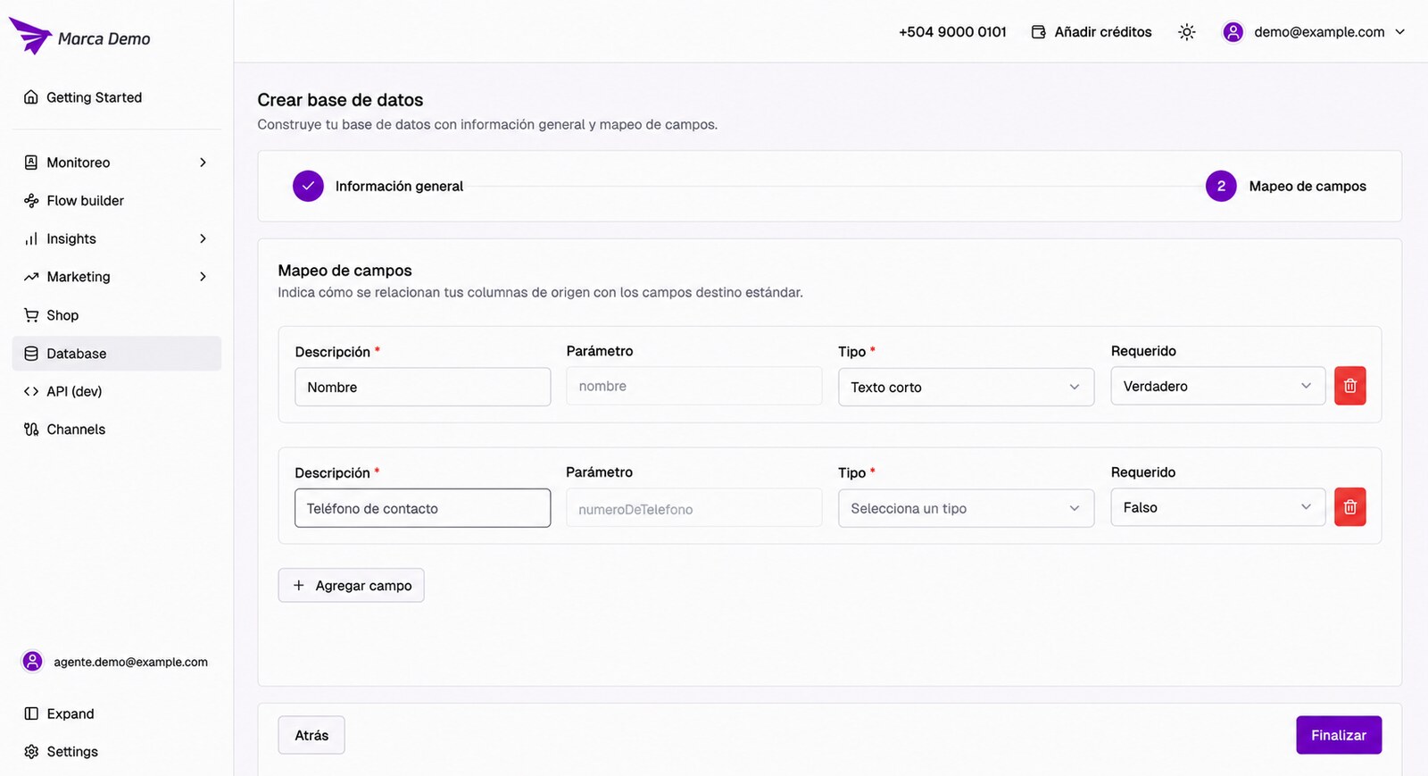 Mapeo de campos al crear una base de datos