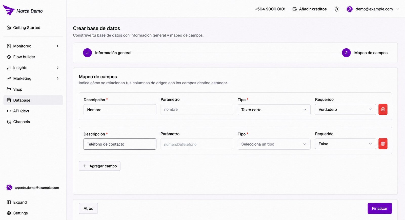 Mapeo de campos al crear una base de datos