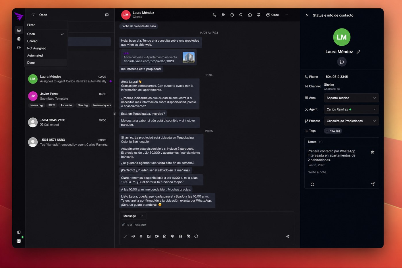 Panel de estado e información del contacto