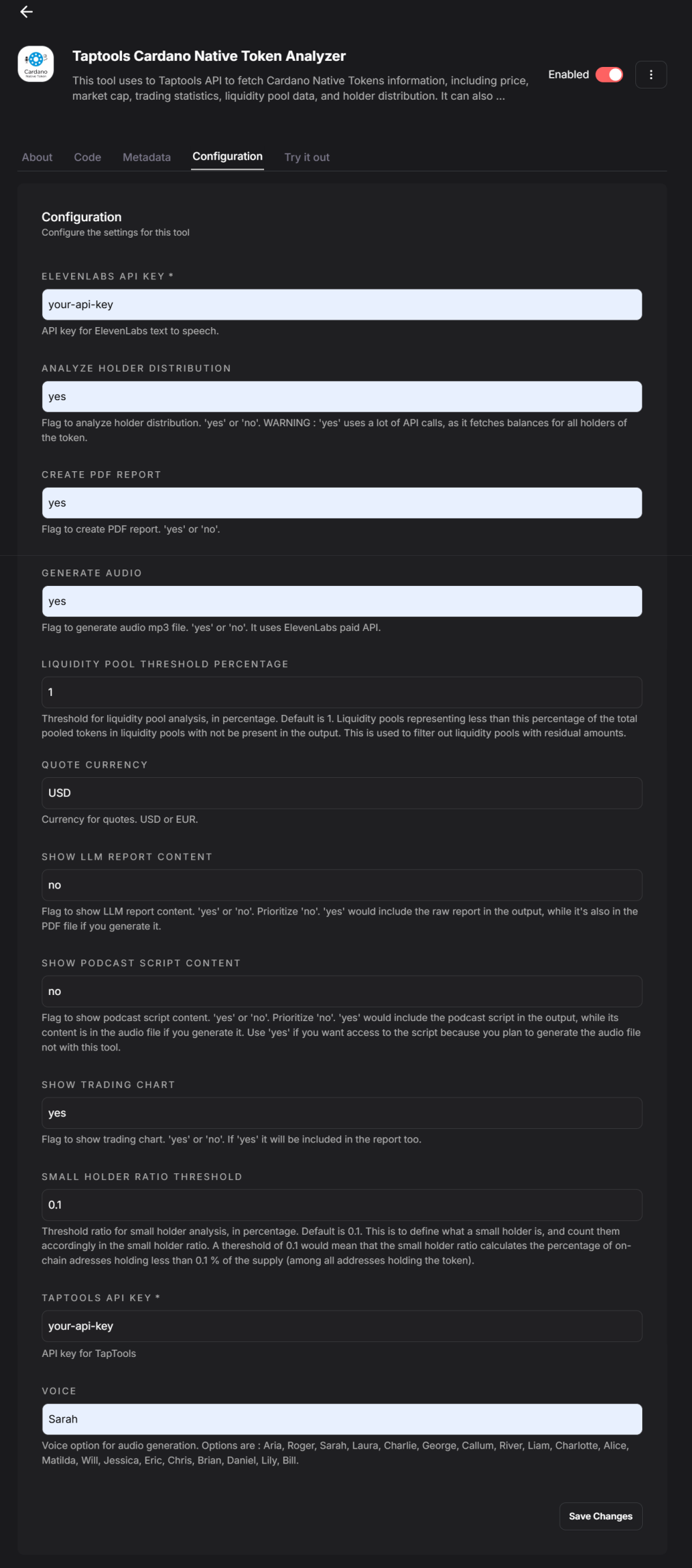 TapTools tools configuration