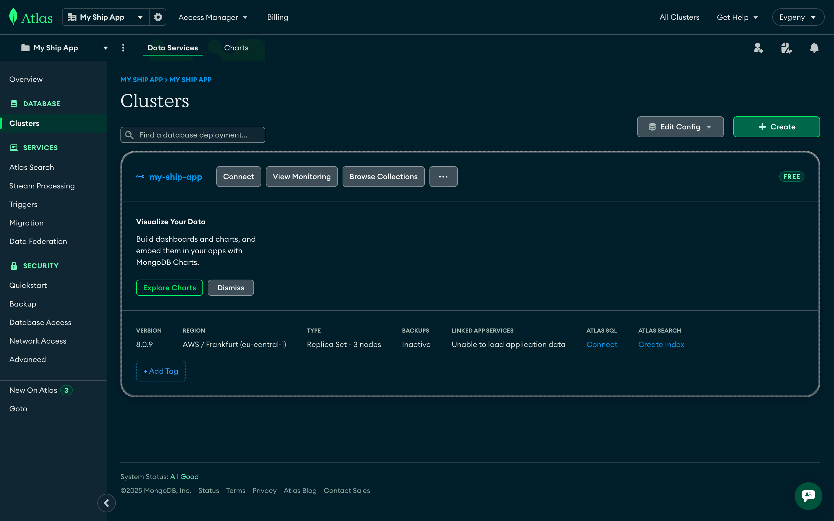 MongoDB Atlas dashboard