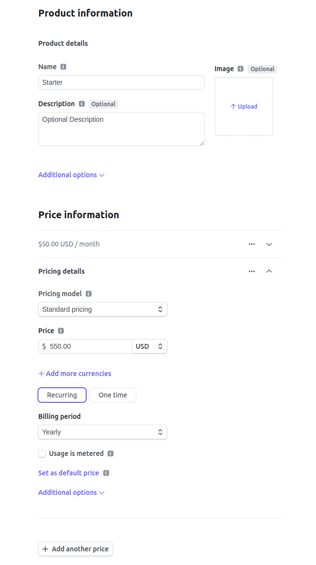 Stripe create product form