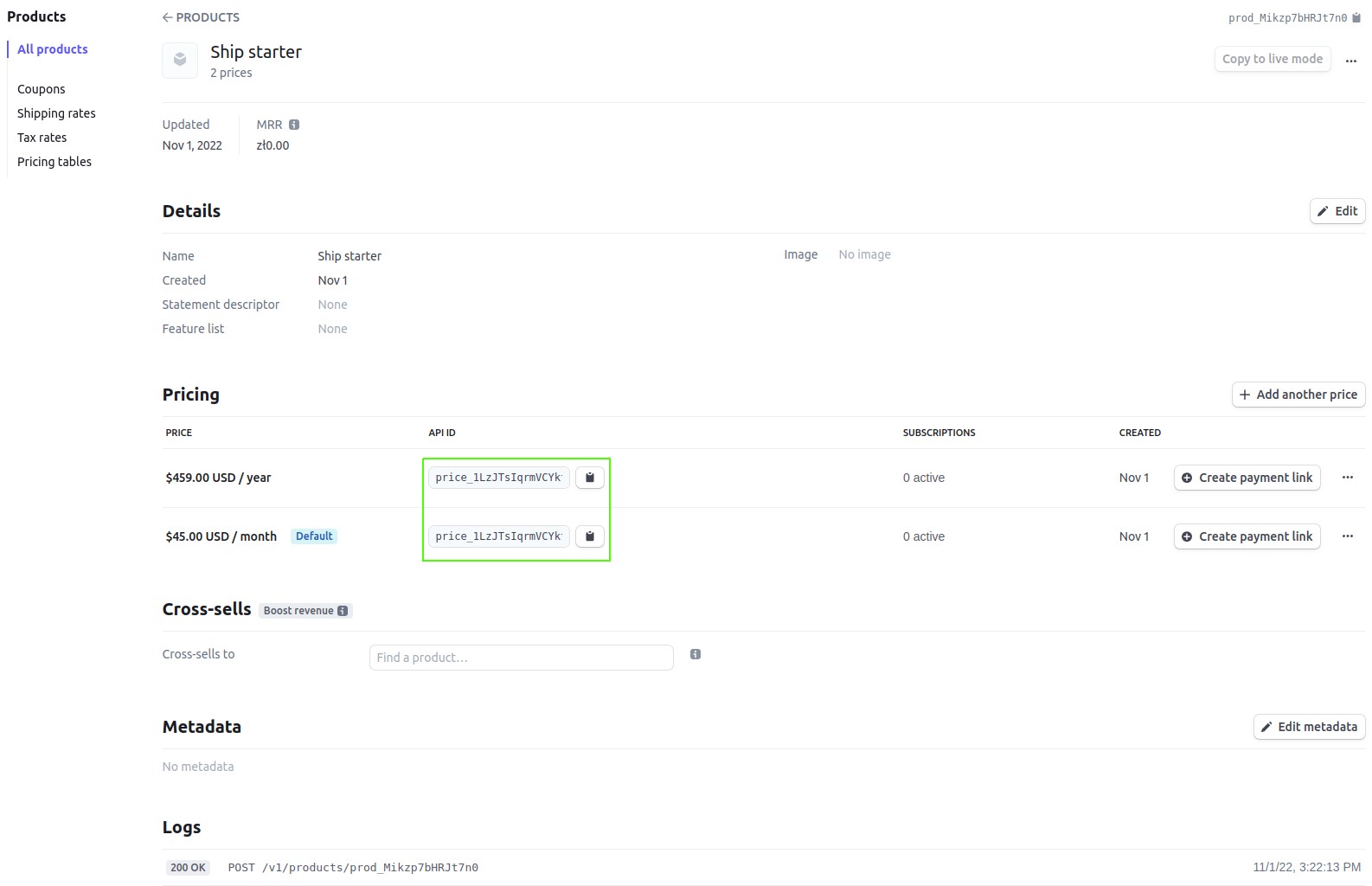 Stripe product details page