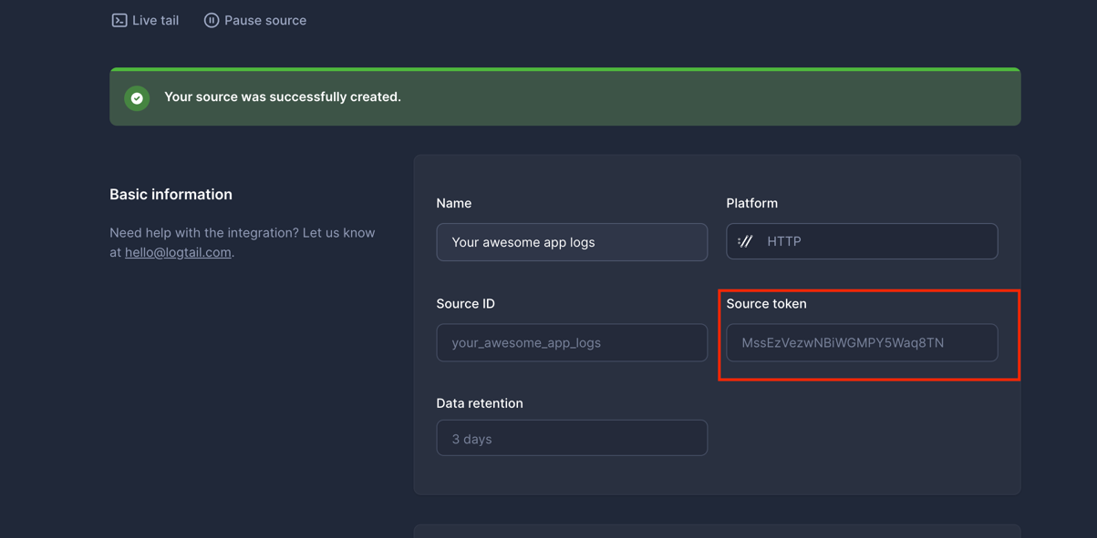 Logs Integrations Logtail token