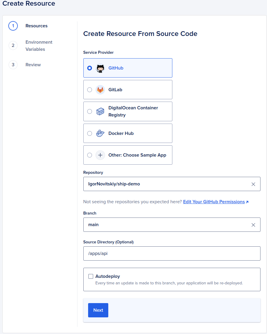 Create resource screen