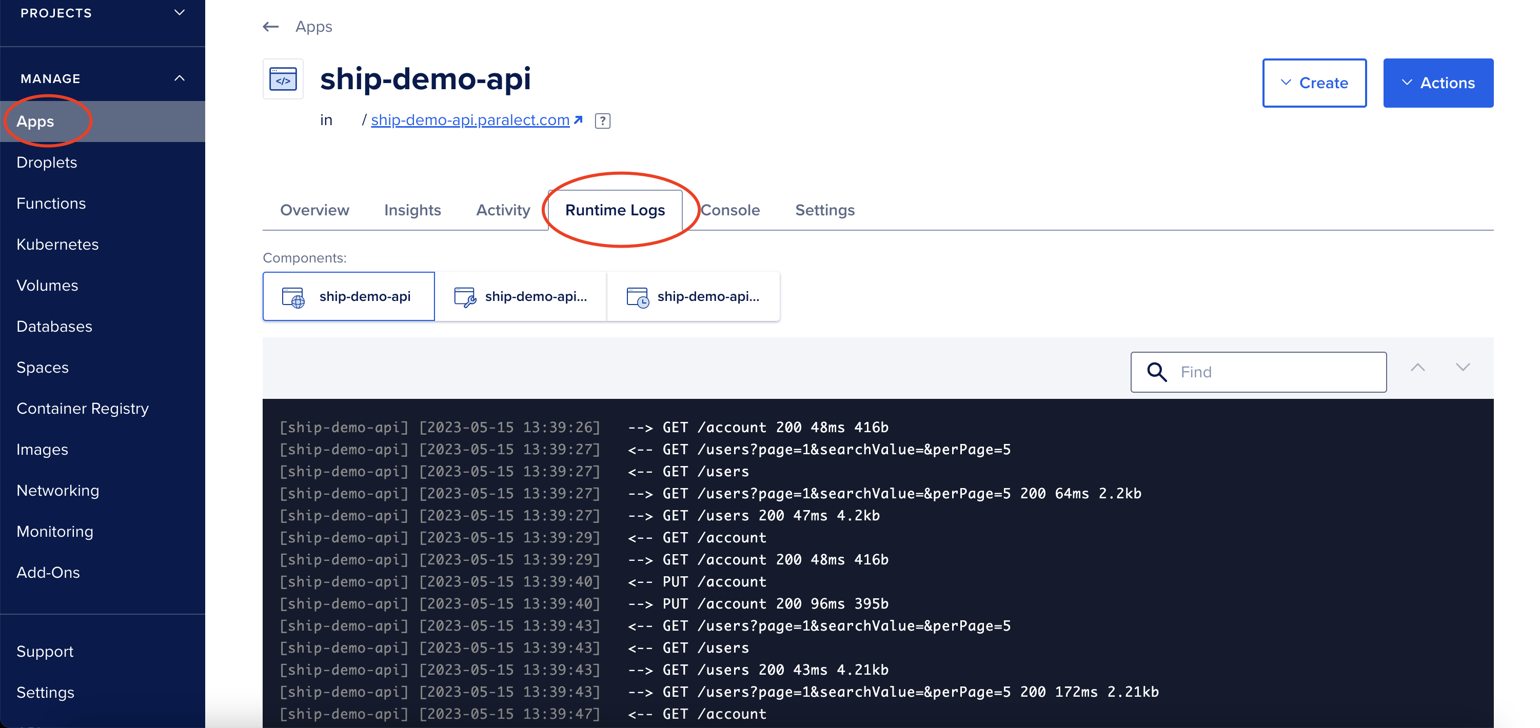 Runtime built in logs screen