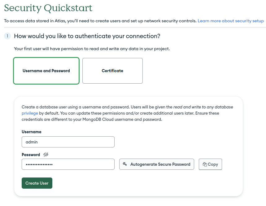 Mongo setup authentication