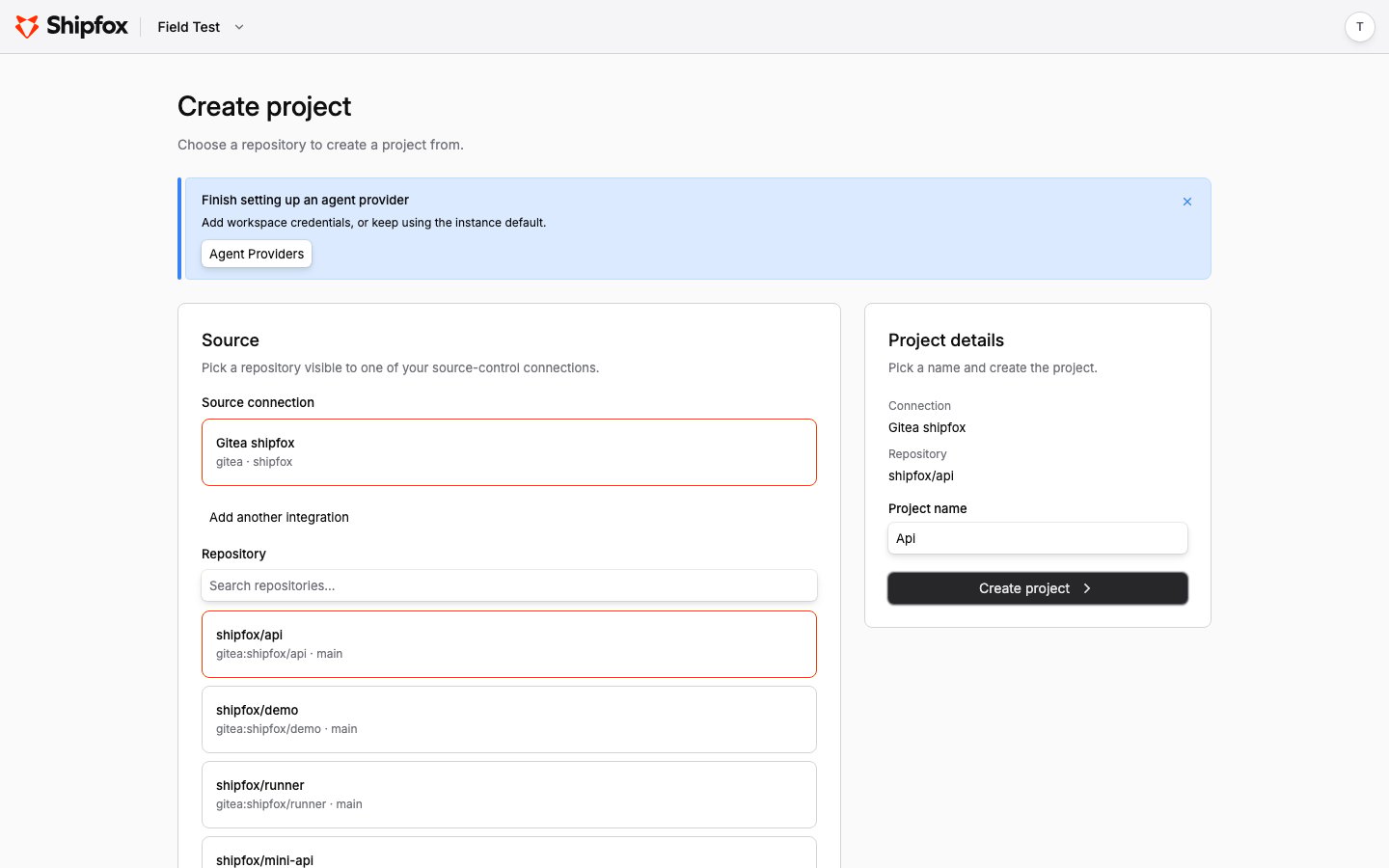 The create-project form showing the source connection, repository picker, and pre-filled project name