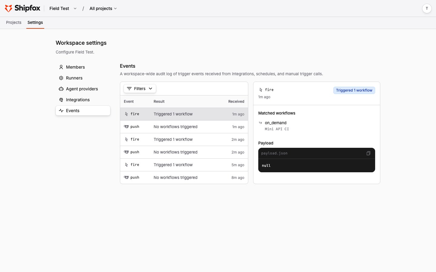 The Events journal listing received trigger events with their match results and payload