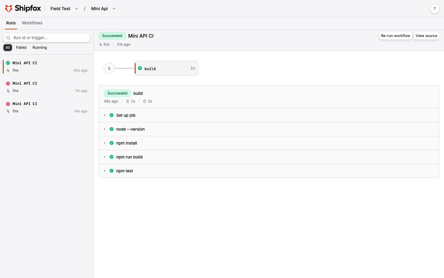 Shipfox run detail page showing a succeeded run with its job graph and step list