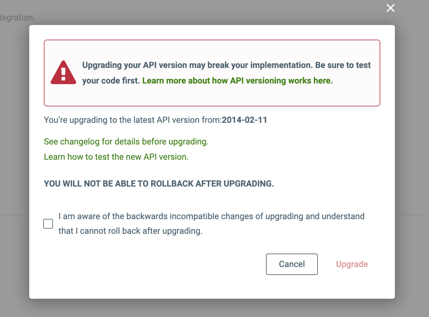 Warning display before upgrading default API version