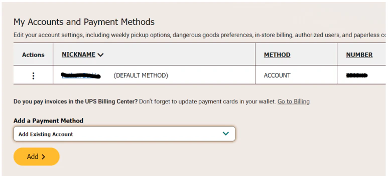 Accounts and payment methods screen