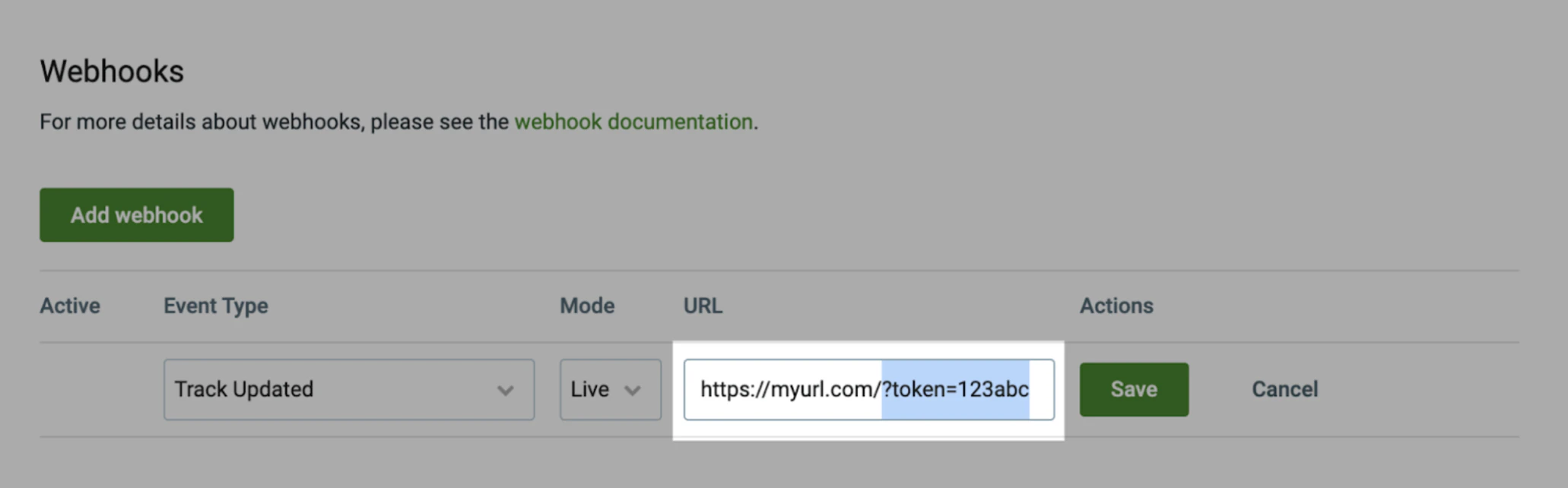 webhook UI token string