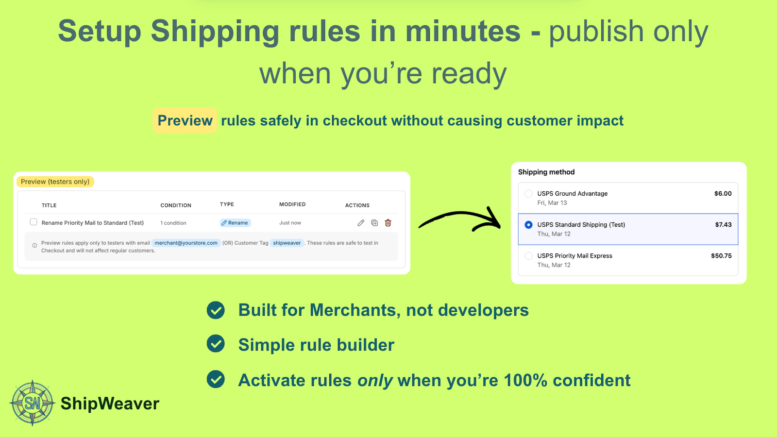 Banner: setup shipping rules in minutes and preview them in checkout without customer impact