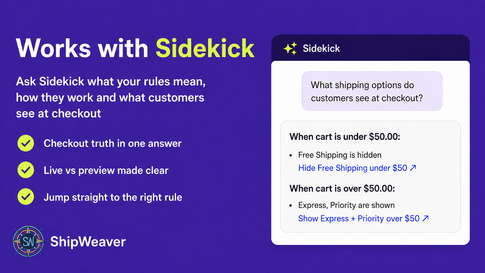 Works with Sidekick banner showing a checkout question and a breakdown of rules under and over $50