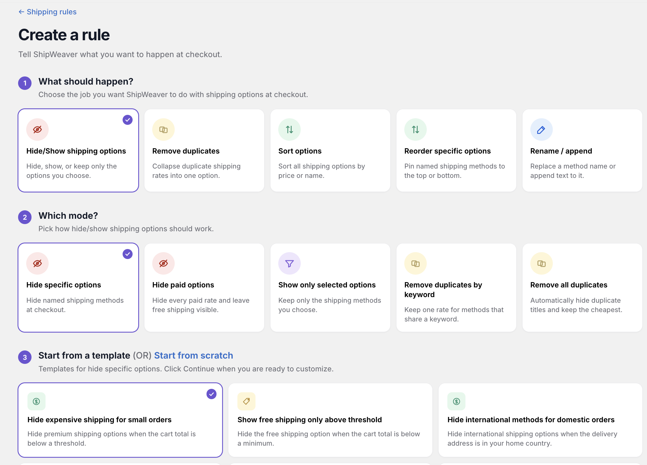 Create a rule wizard showing Hide/Show, Remove duplicates, Sort, Reorder, and Rename action cards