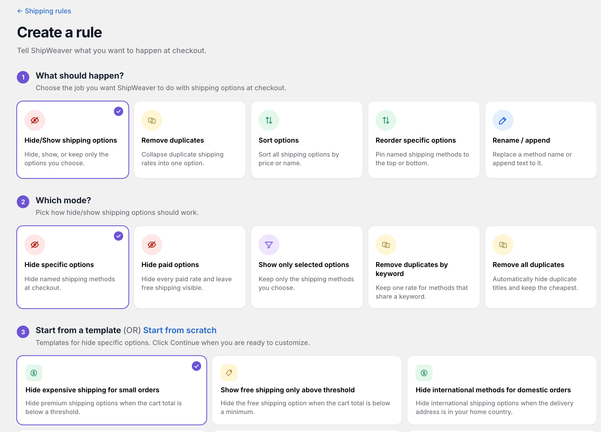 Create a rule wizard showing Hide/Show, Remove duplicates, Sort, Reorder, and Rename action cards