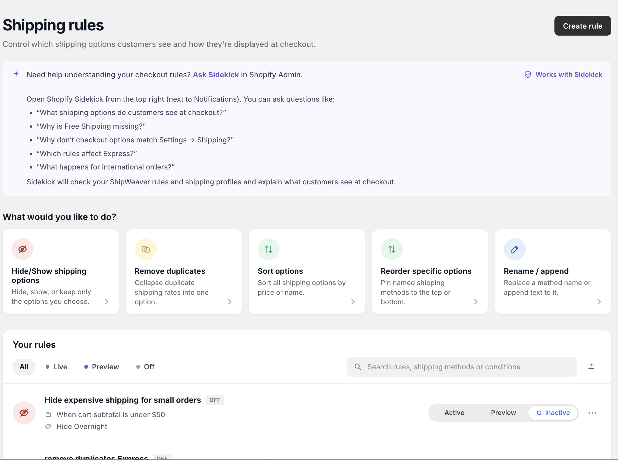 ShipWeaver shipping rules dashboard with Live Preview and Off statuses
