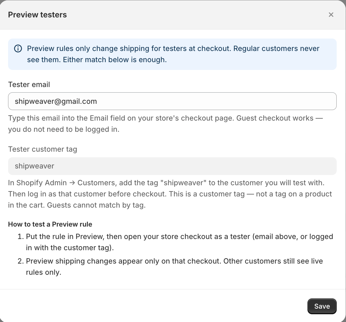 Preview testers modal explaining that regular customers never see Preview rules