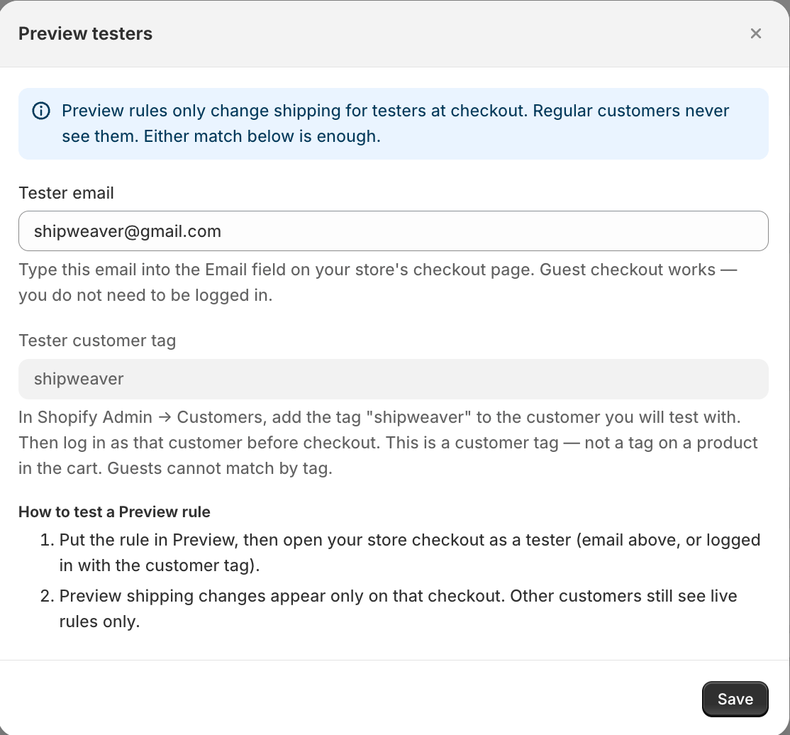 Preview testers modal with tester email kris@shipweaver.app and customer tag shipweaver