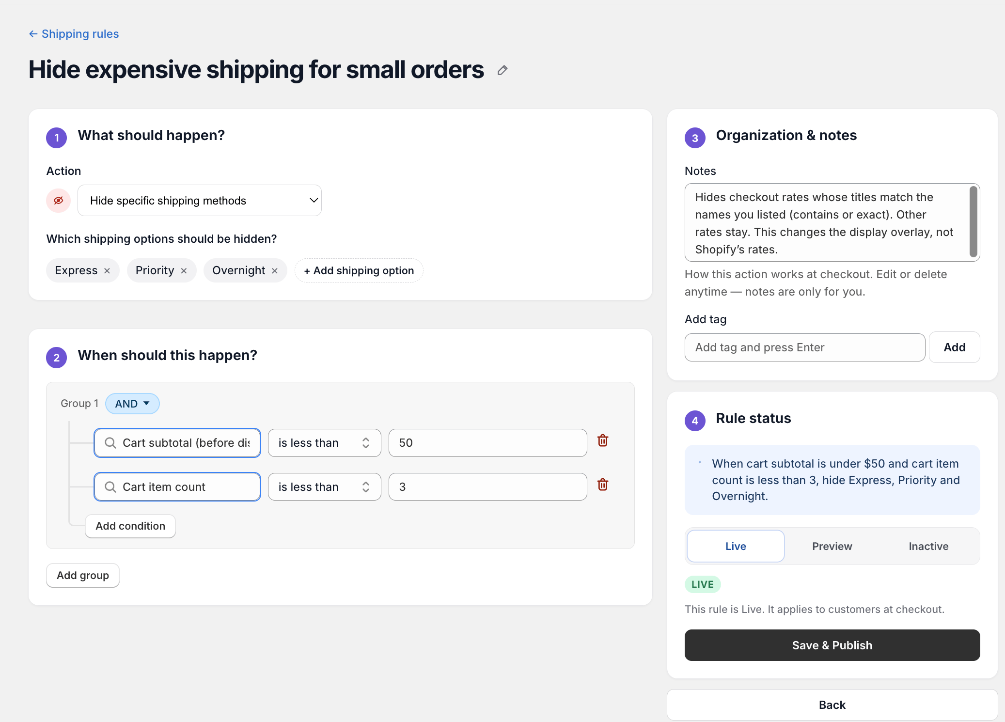 ShipWeaver rule editor where destination and cart conditions are combined