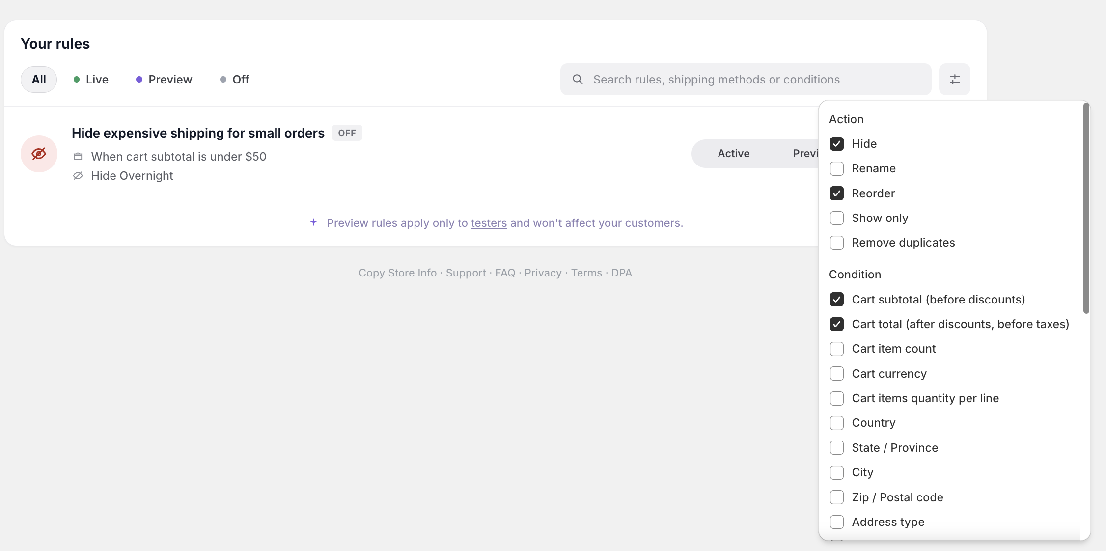 Your rules list with Live Preview and Off filters
