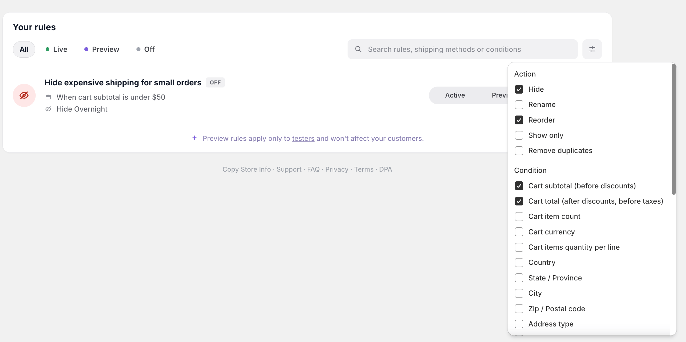 Your rules list with Live Preview and Off filters