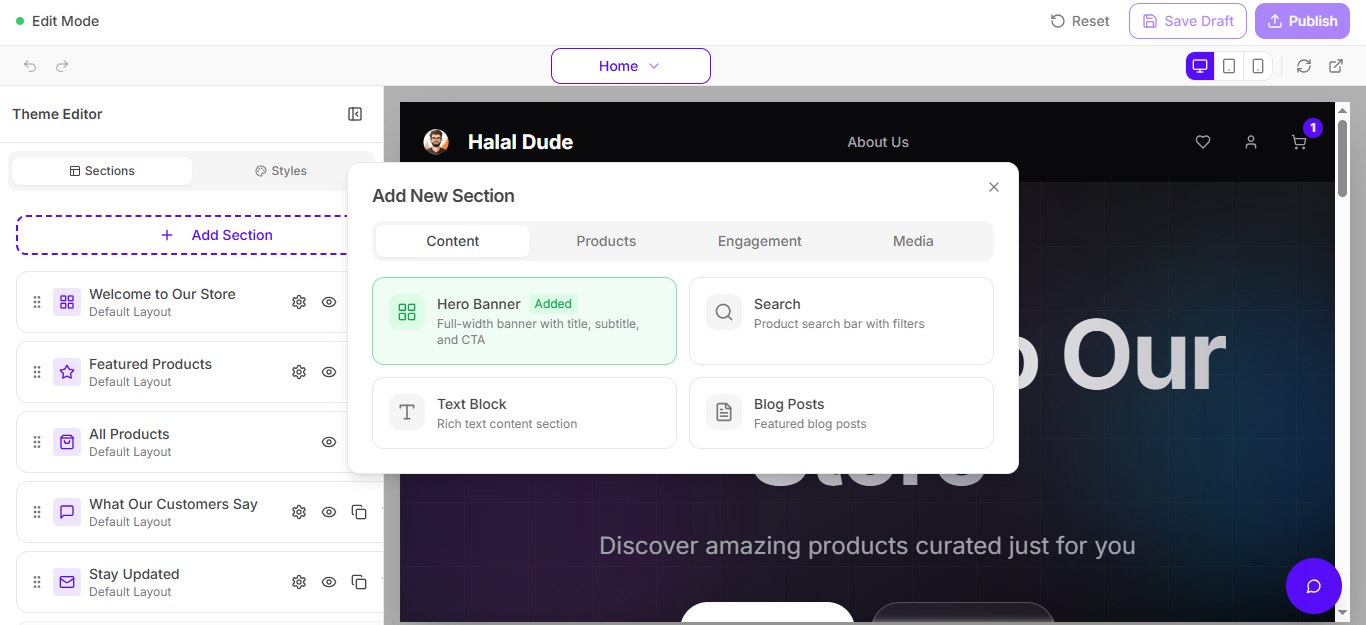 Add Section Panel in Shopi Theme Editor