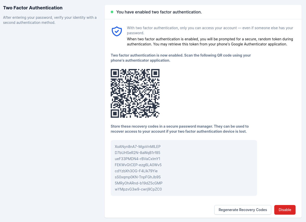 Two factor code Screenshot