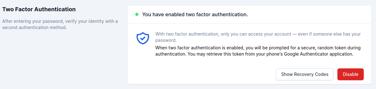 Two factor disable Screenshot