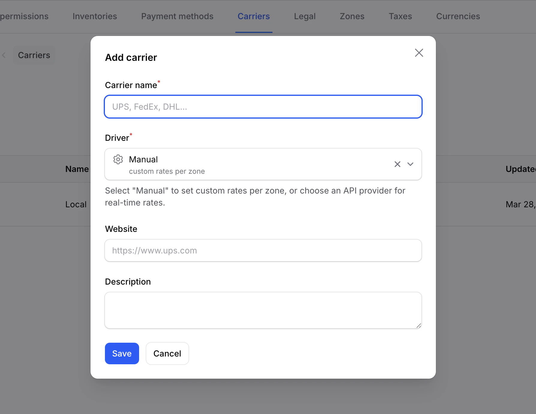 Add carrier form