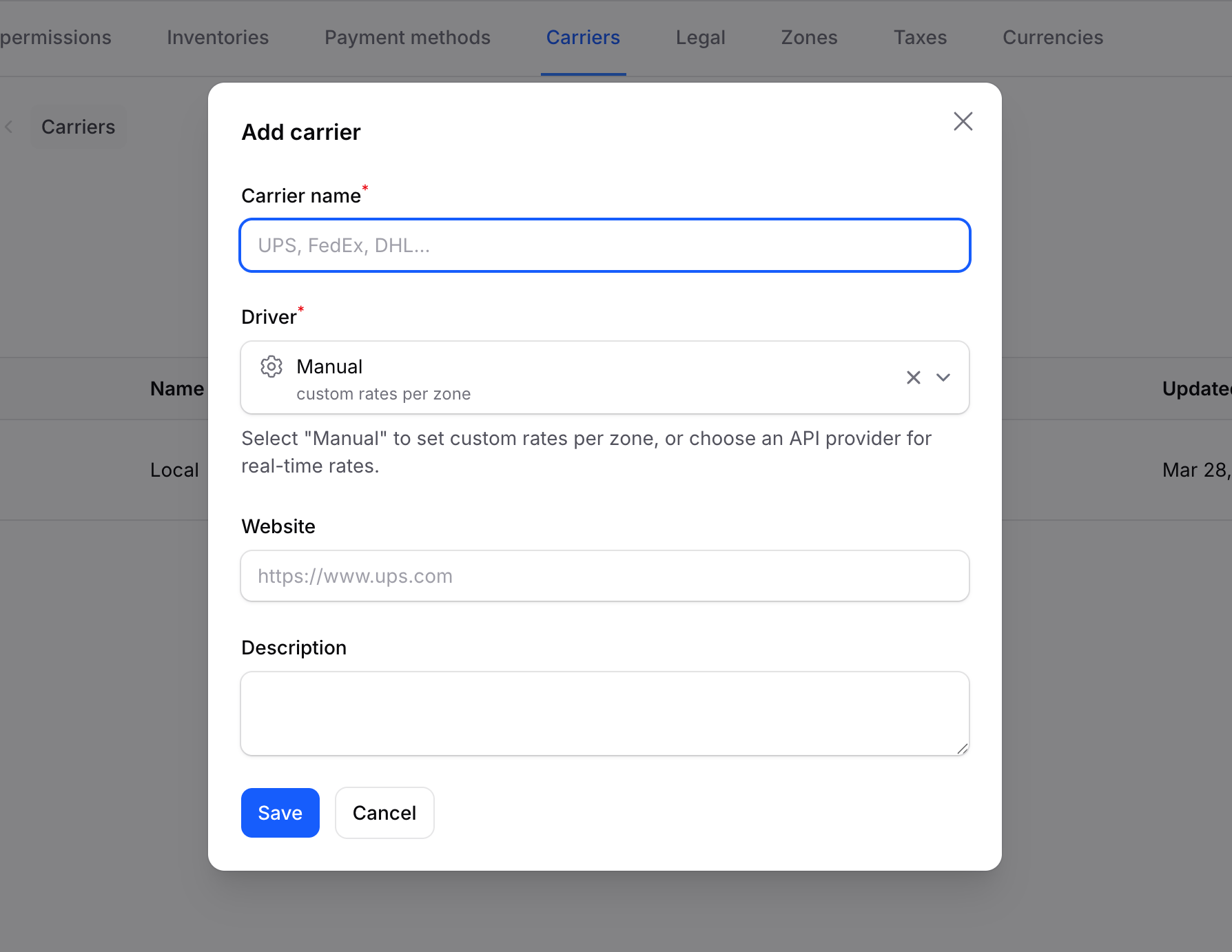 Add carrier form