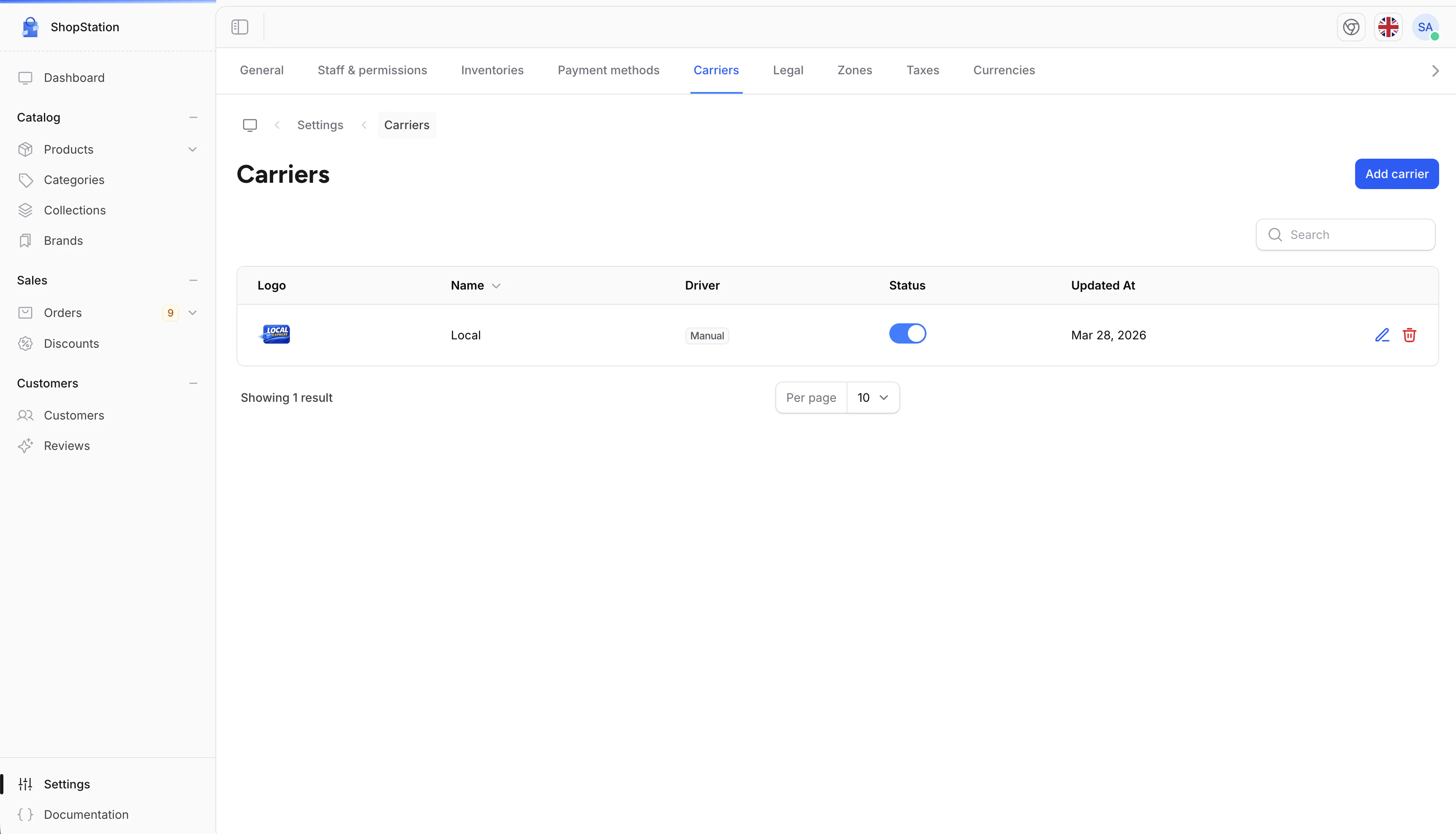 Carriers list page