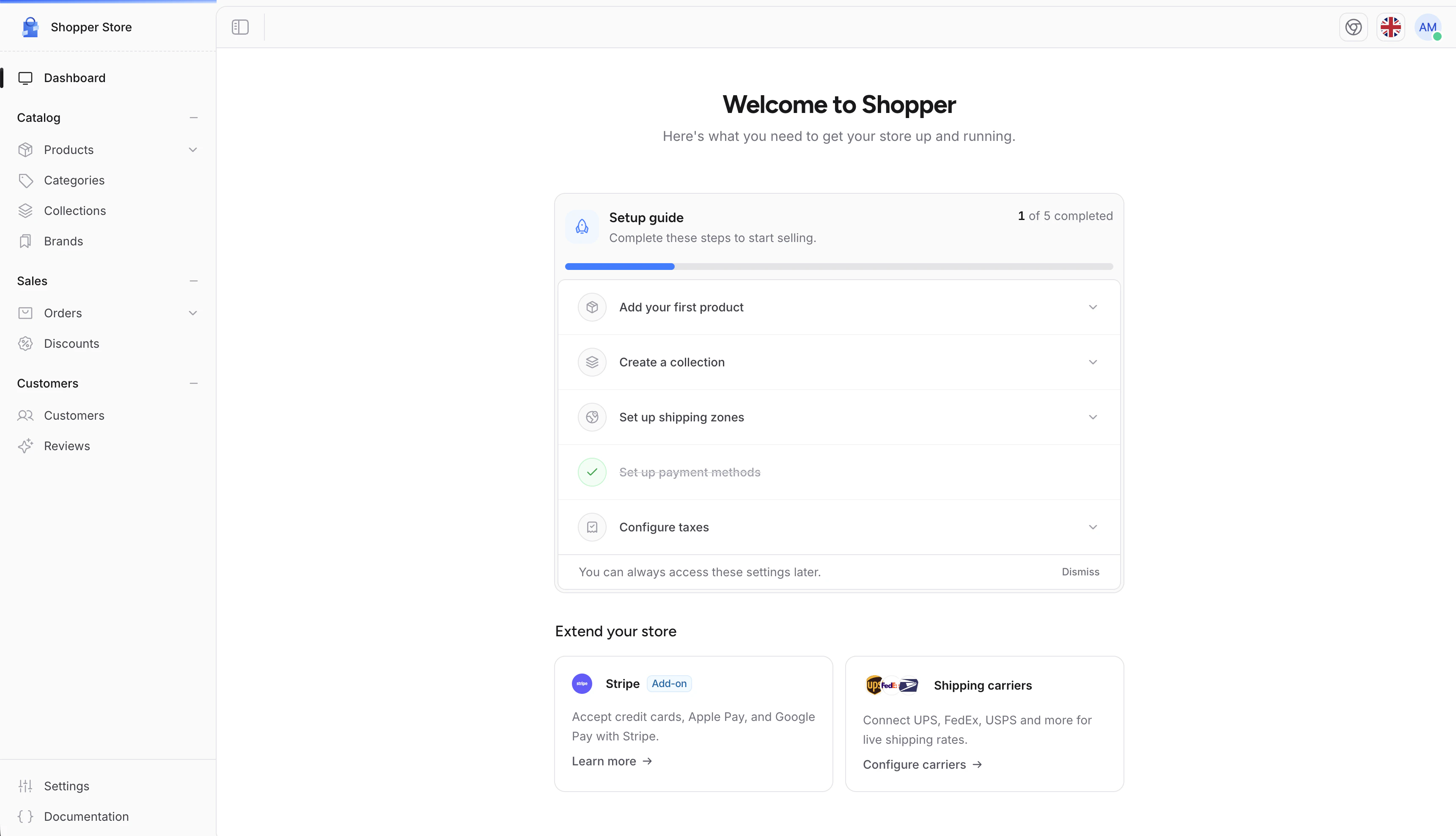 Shopper setup guide with progress bar and expandable steps
