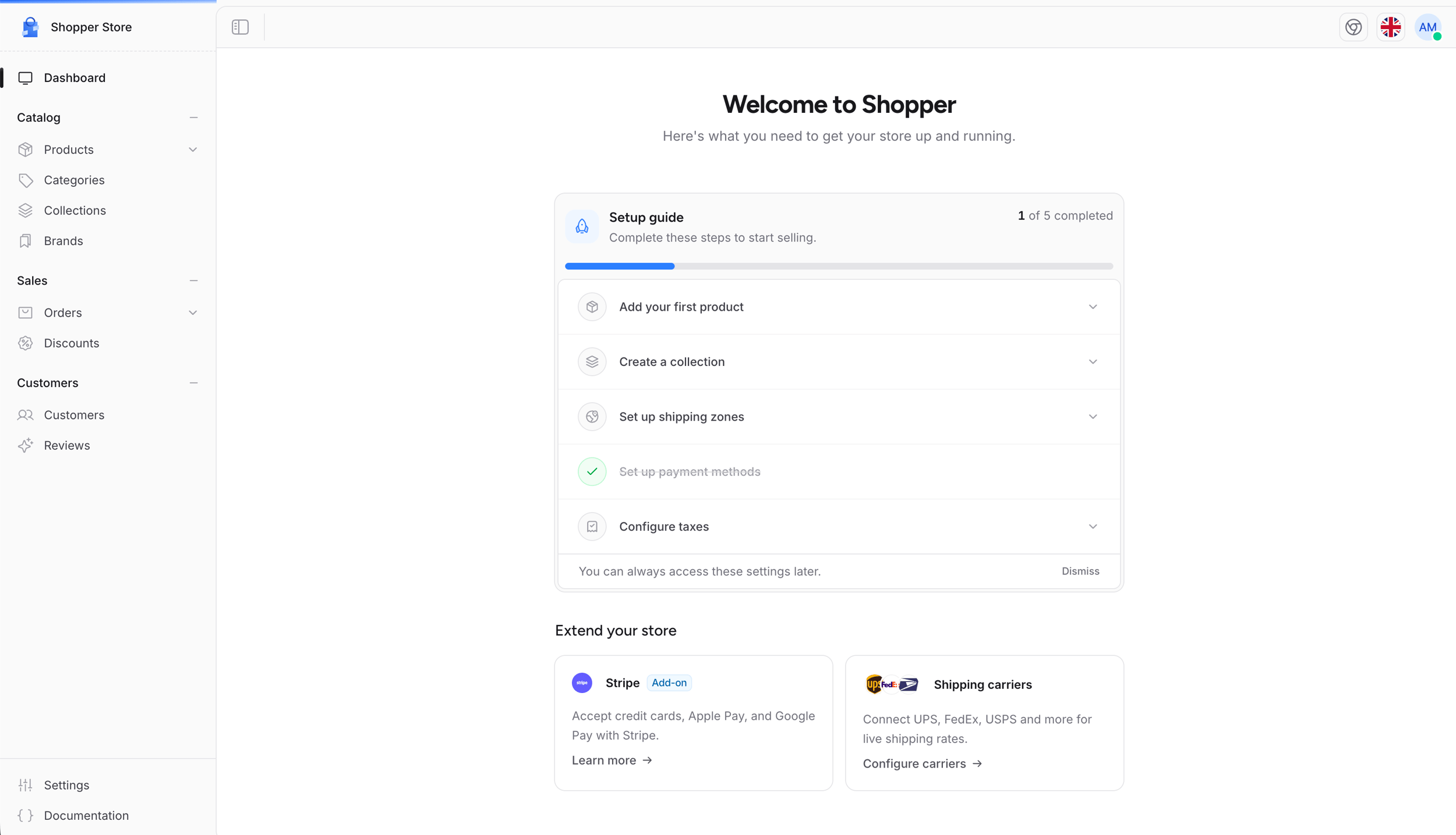 Shopper setup guide with progress bar and expandable steps