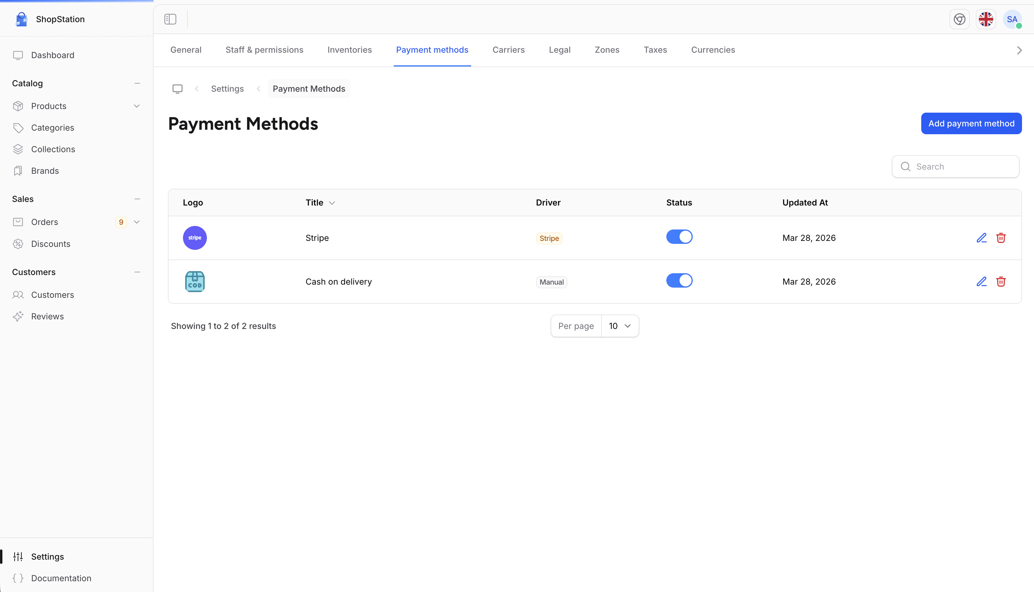 Payment methods list