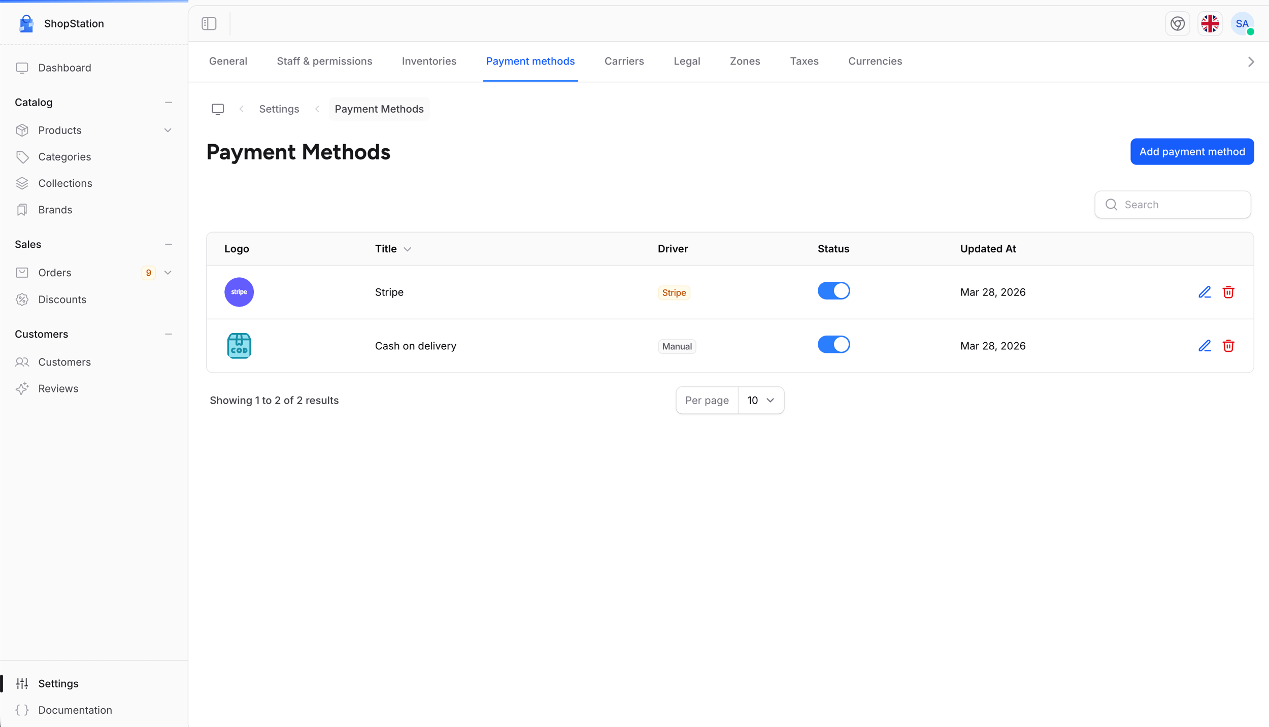 Payment methods list