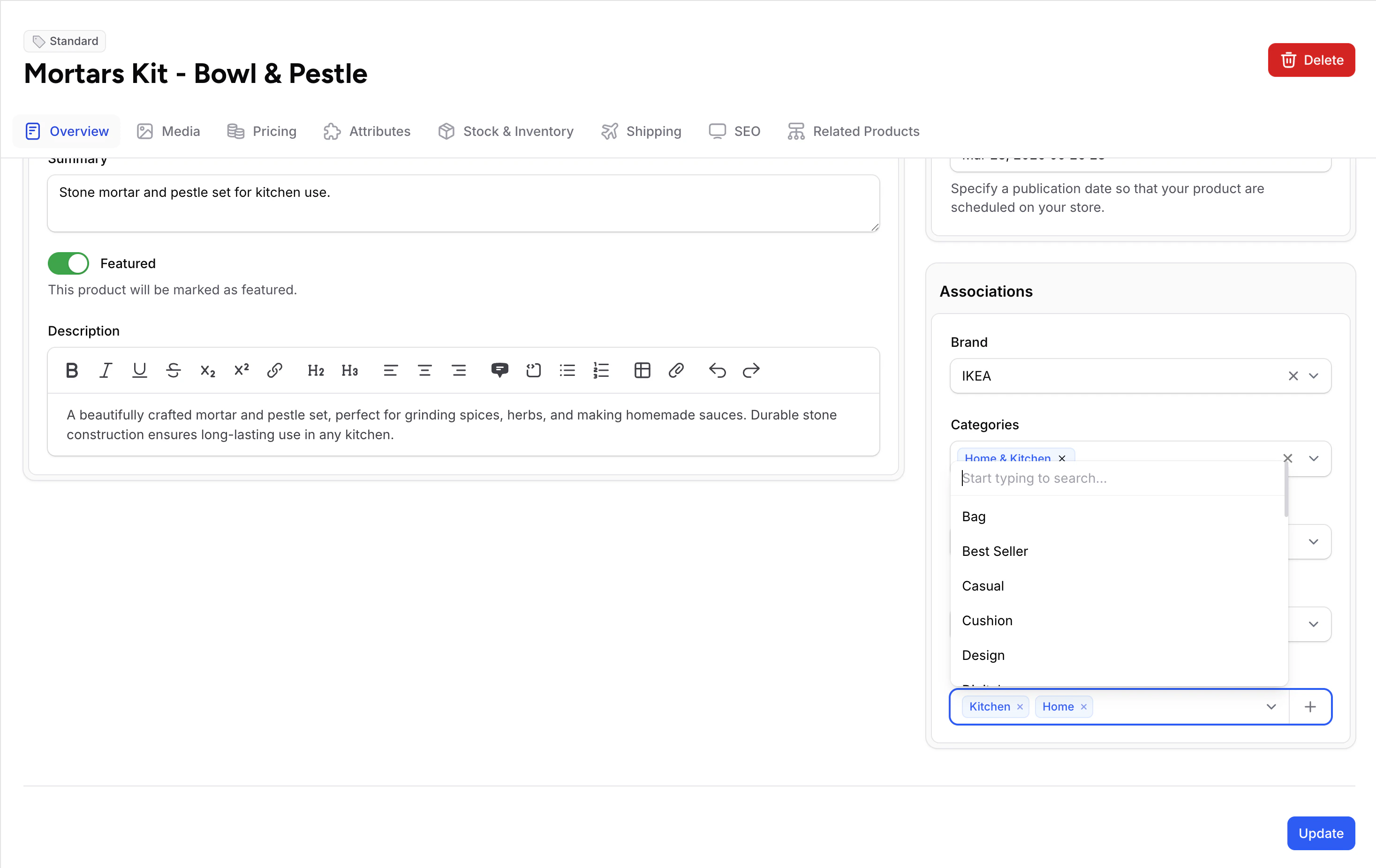 Tags field on product edit form