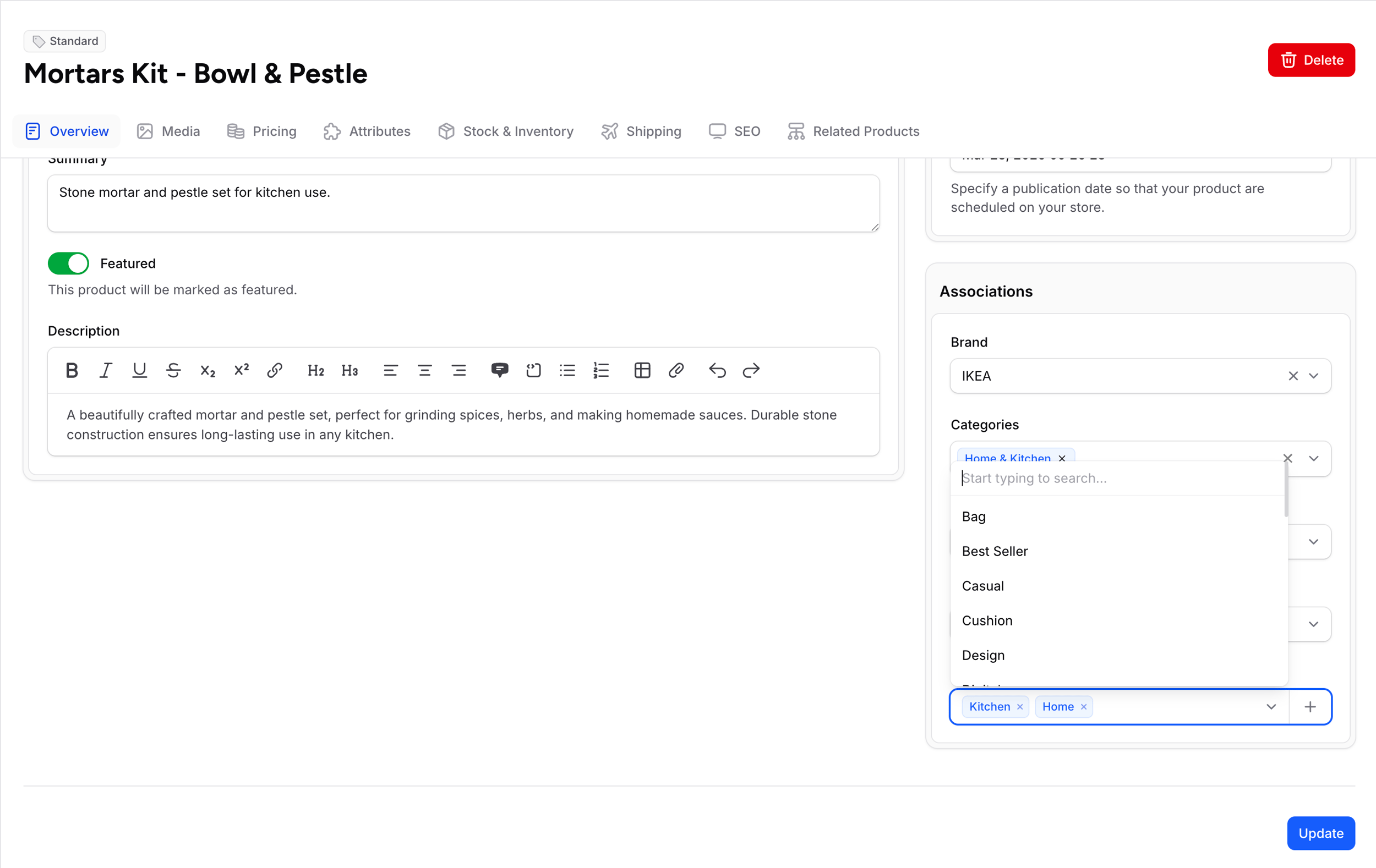 Tags field on product edit form