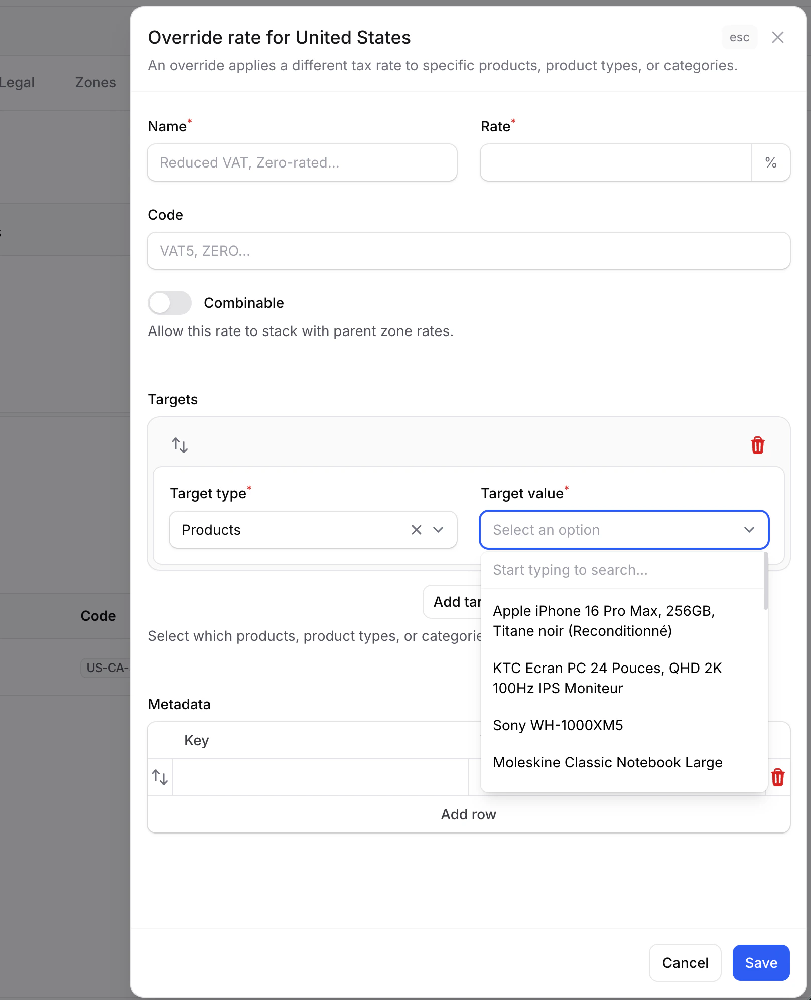 Tax rate override form