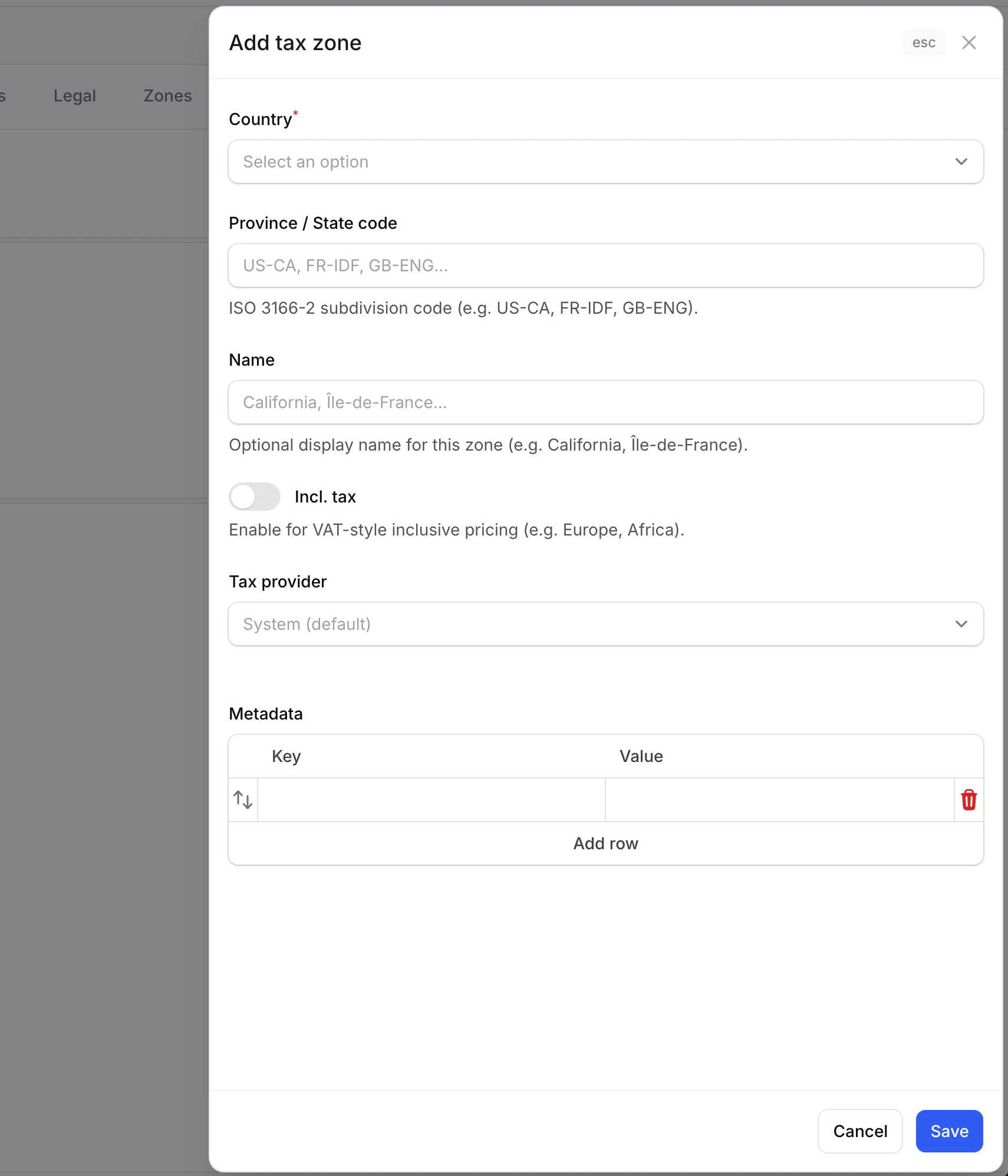 Create tax zone form