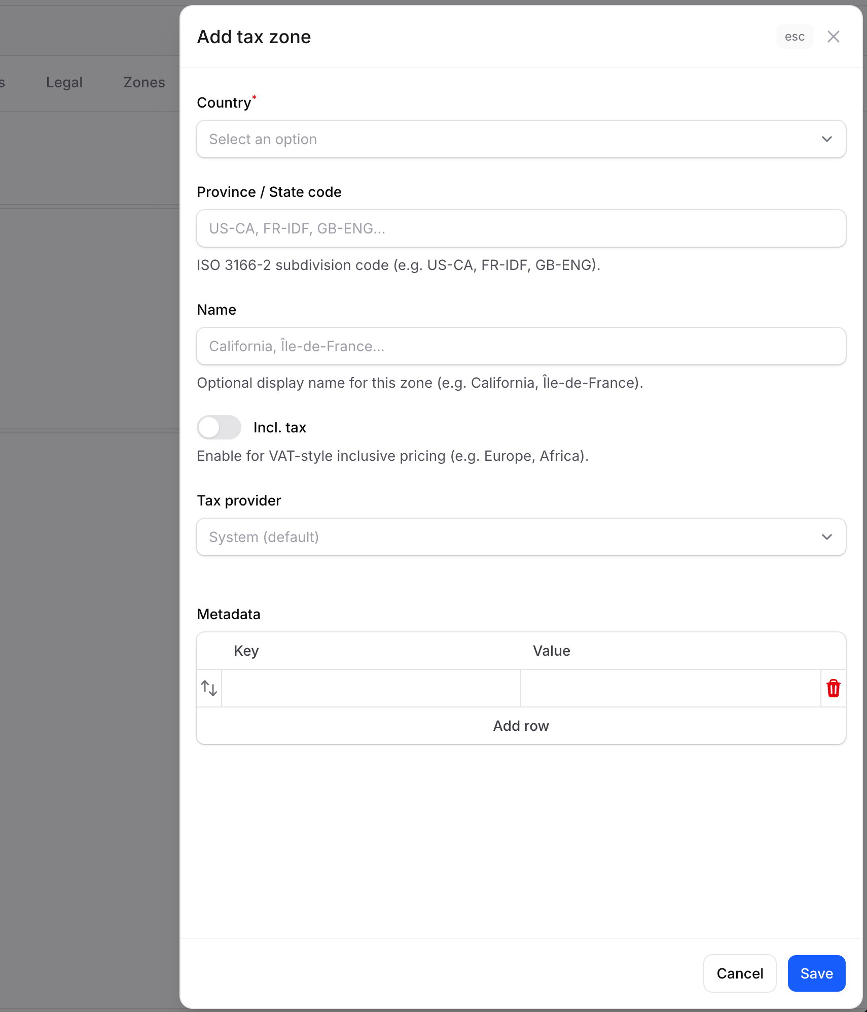 Create tax zone form