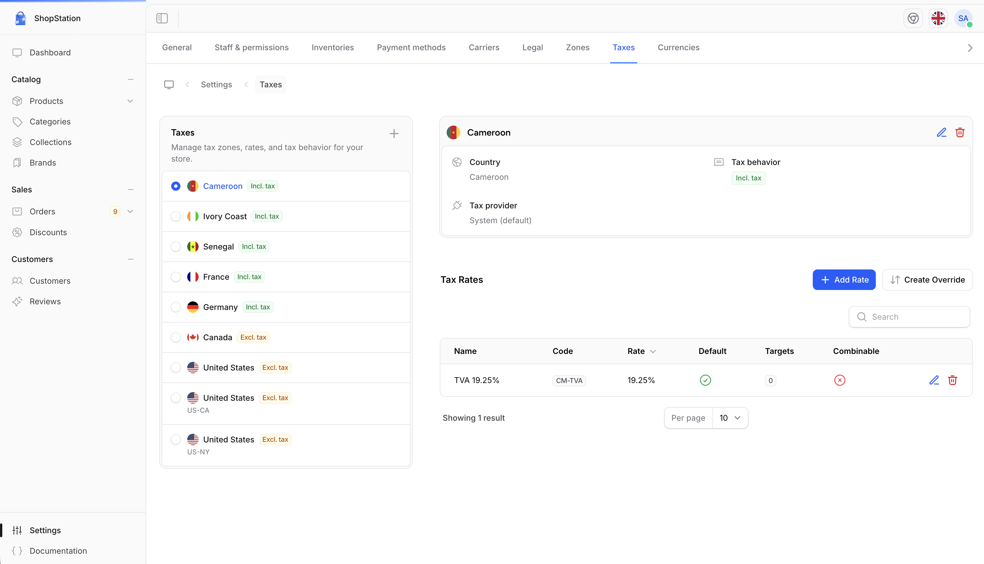 Tax settings page