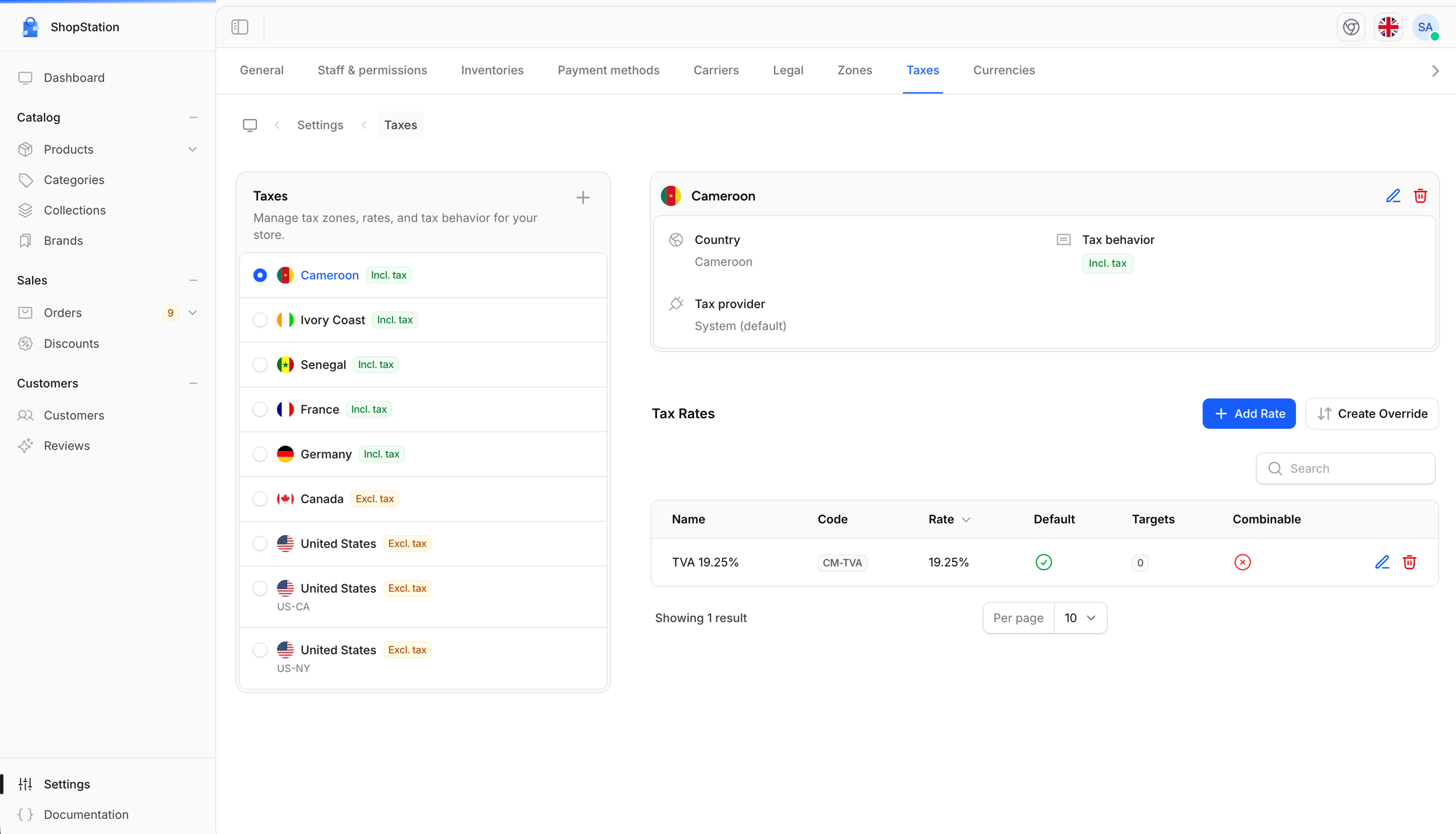 Tax settings page
