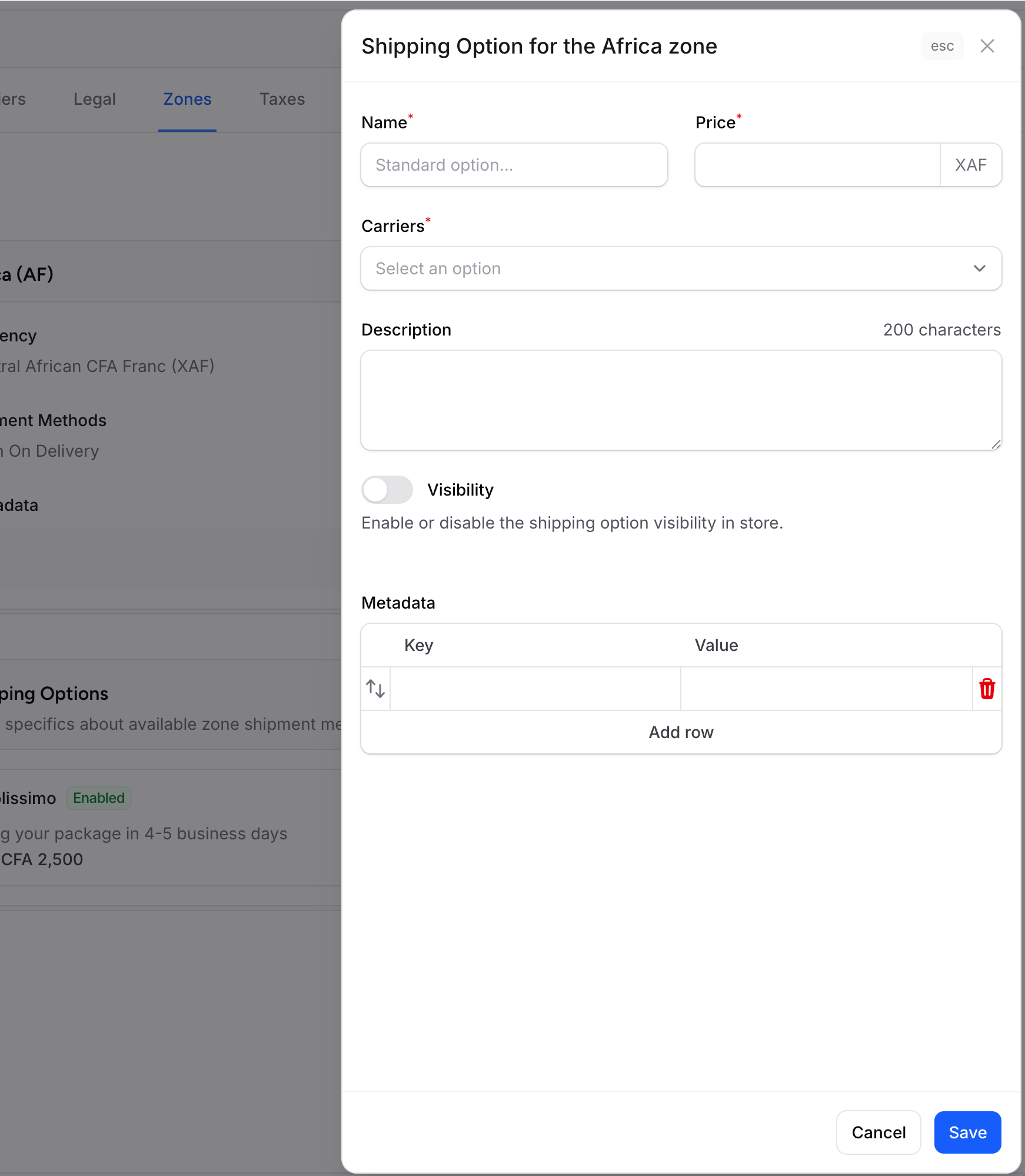 Add delivery option form