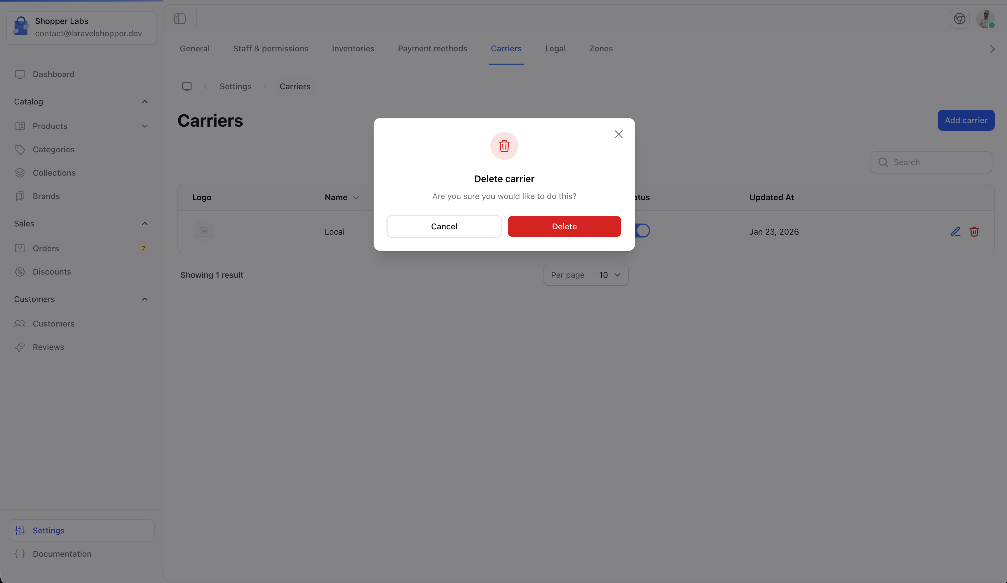 Delete delivery method confirmation