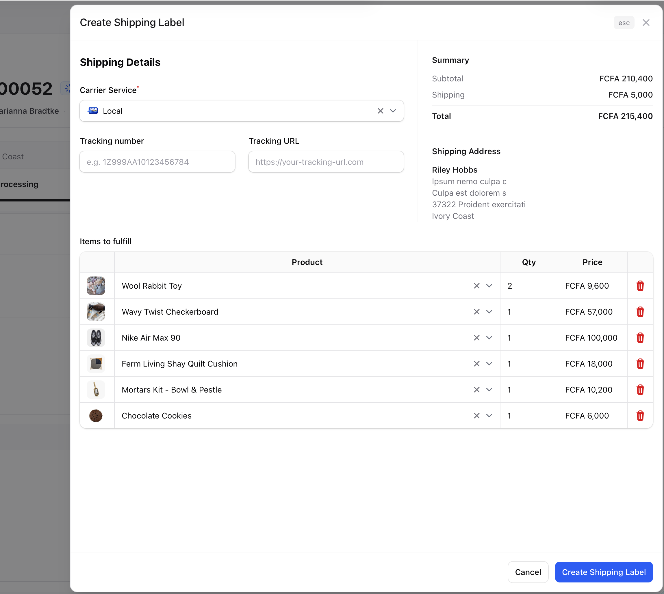 Create shipping label panel