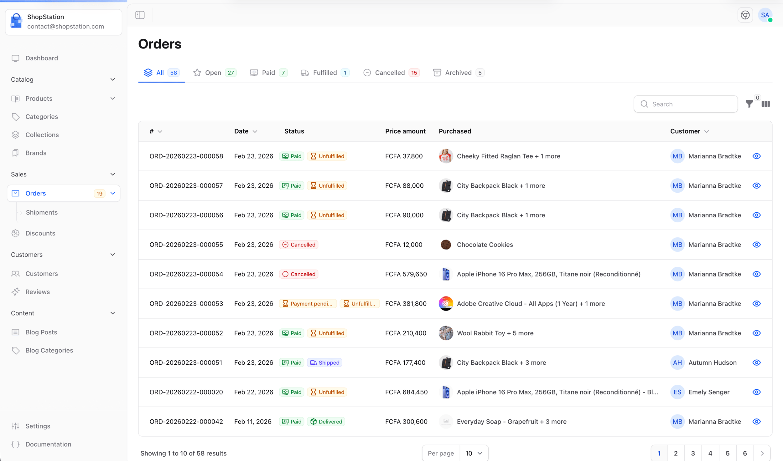 Orders list with status badges
