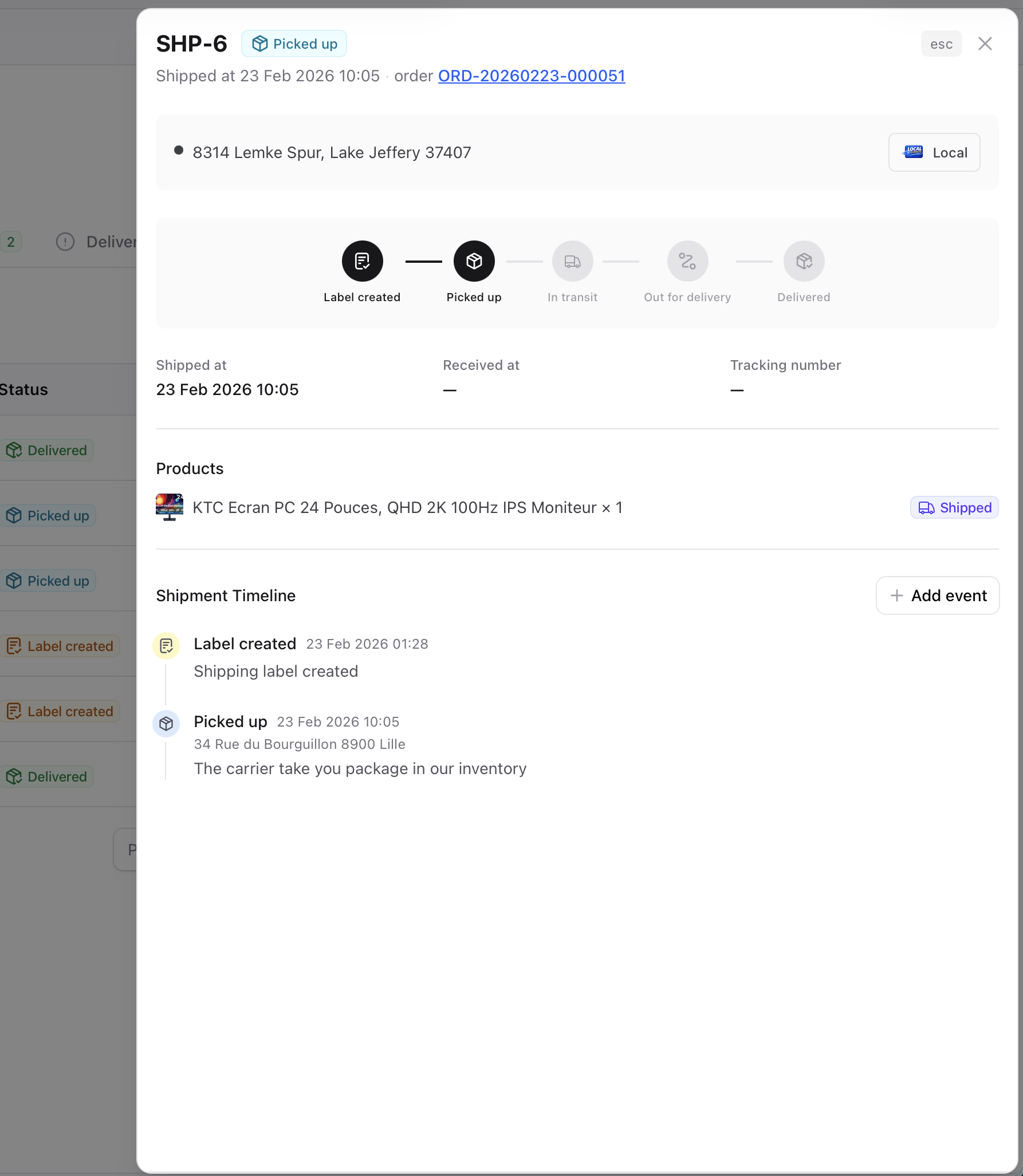 Shipment detail panel