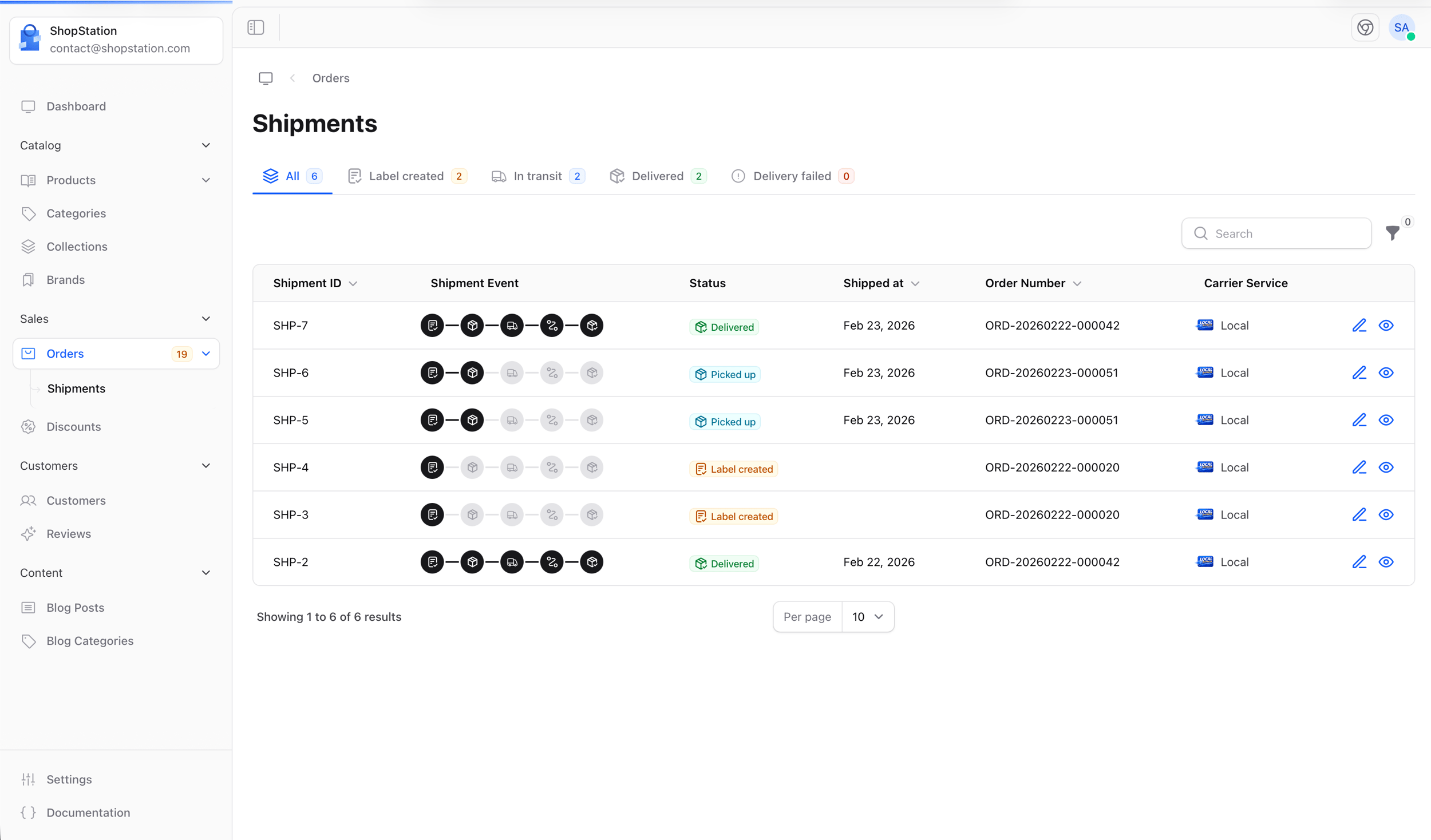 Shipments page
